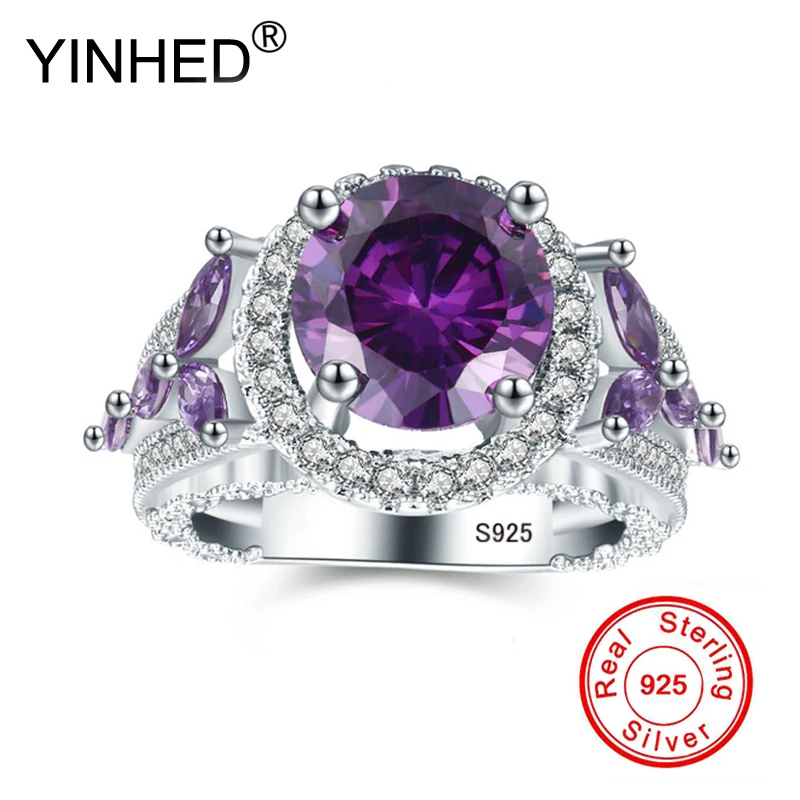 YINHED Original Pure 925 Sliver Rings Purple Stone Ring font b Luxury b font CZ Zircon