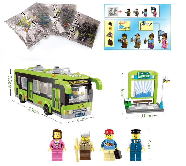 Обучающий строительный блок автомобилей городской автобус 4 фигурки 416 Обучающие Кирпичи подарок-игрушка для мальчика-без коробки