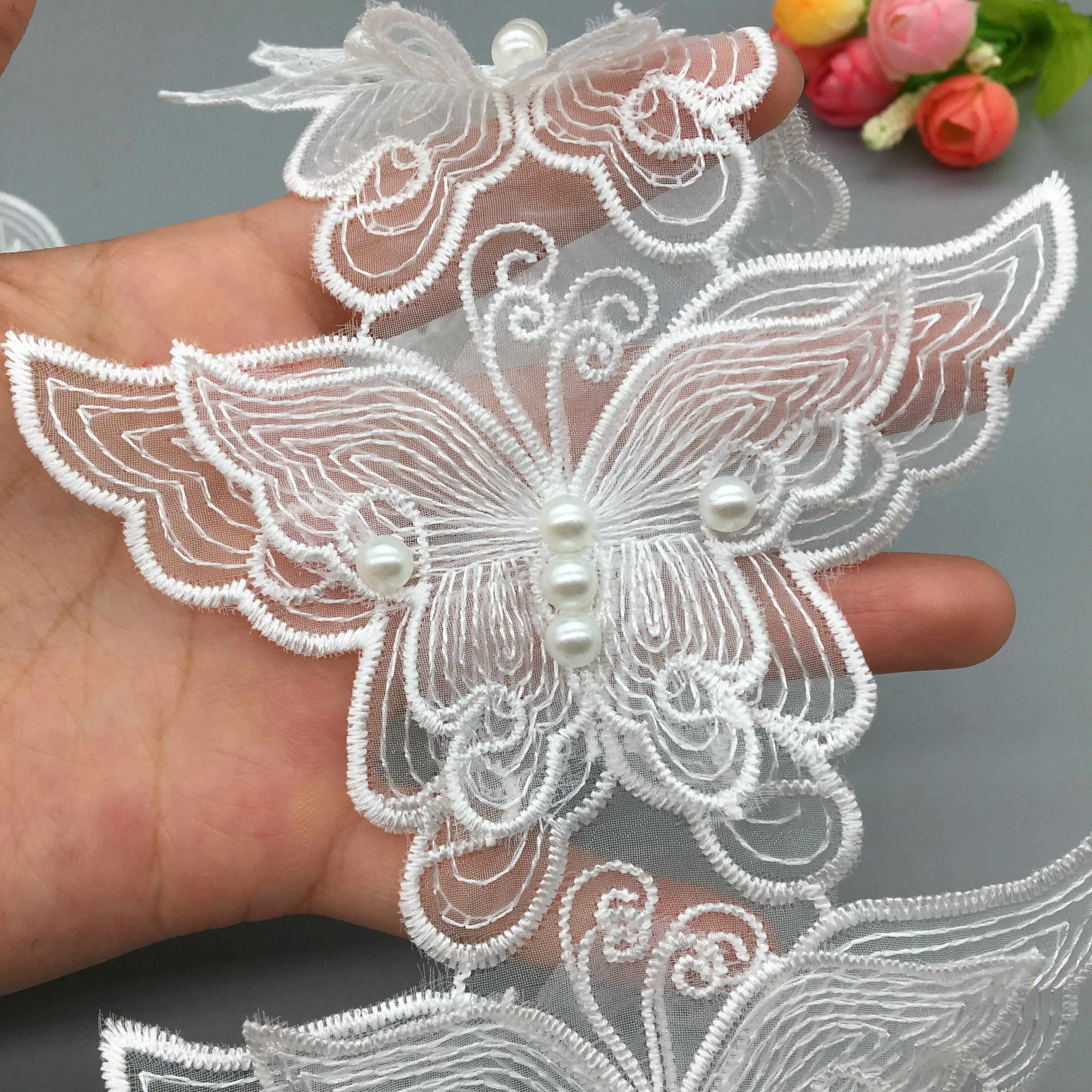 5x Latest White Pearl Butterfly Embroidered Lace Trim Ribbon Fabric Lady Wedding Dress Handmade DIY Sewing Supplies Craft