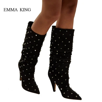 

2019 winter Suede Slip on Rivets Studded Pointy Toe Spike High Heels Botas Mujer Mid-calf Women Gladiator Boots Ladies Shoes