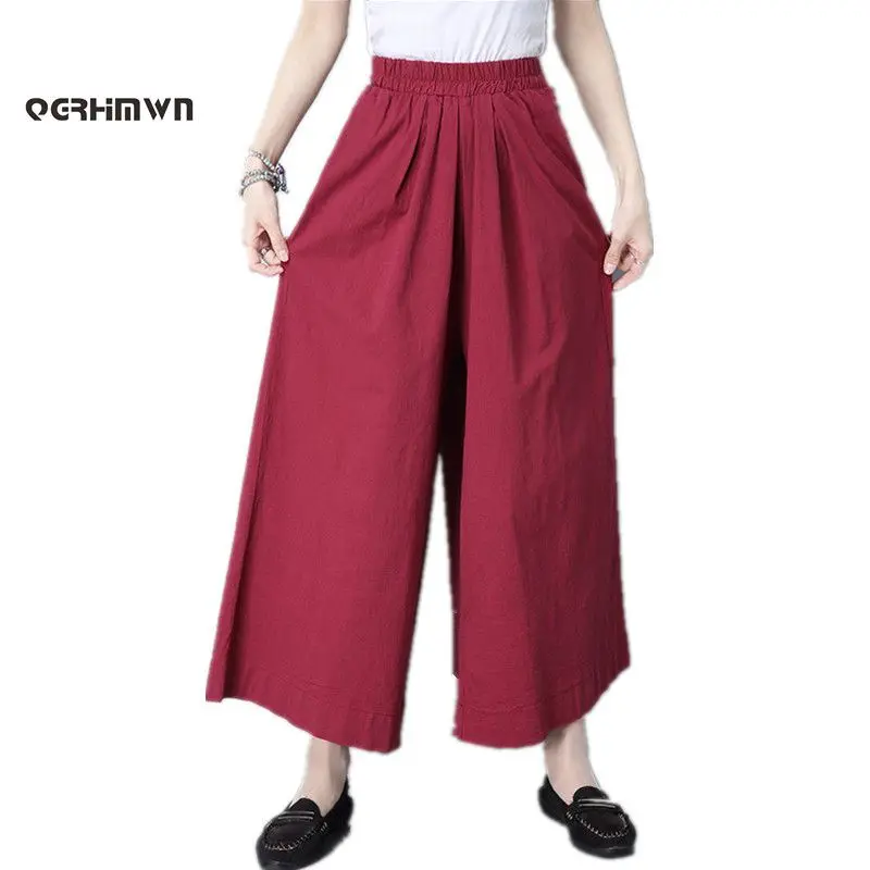 

Women National Wind Ankle-Length Wide Leg Pants Black Cotton Linen Loose Solid Color High Waist Female Culottes Trousers