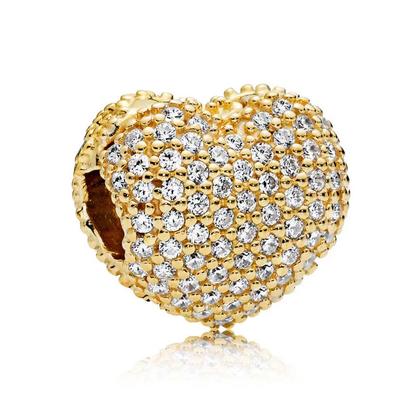 

New 925 Sterling Silver Bead Charm Gold Color Shine Pave Open My Heart Clip Lock Stopper Beads Fit Pandora Bracelet Diy Jewelry