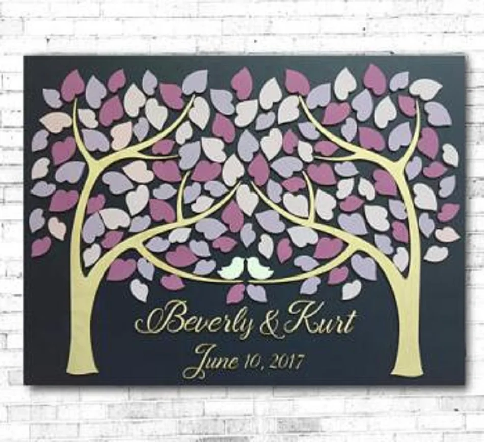 

3D Purple Leaves Tree Personalized Name Wedding Guest Book, Alternative Wooden Heart Signature Guestbook ,Custom Wedding Decor