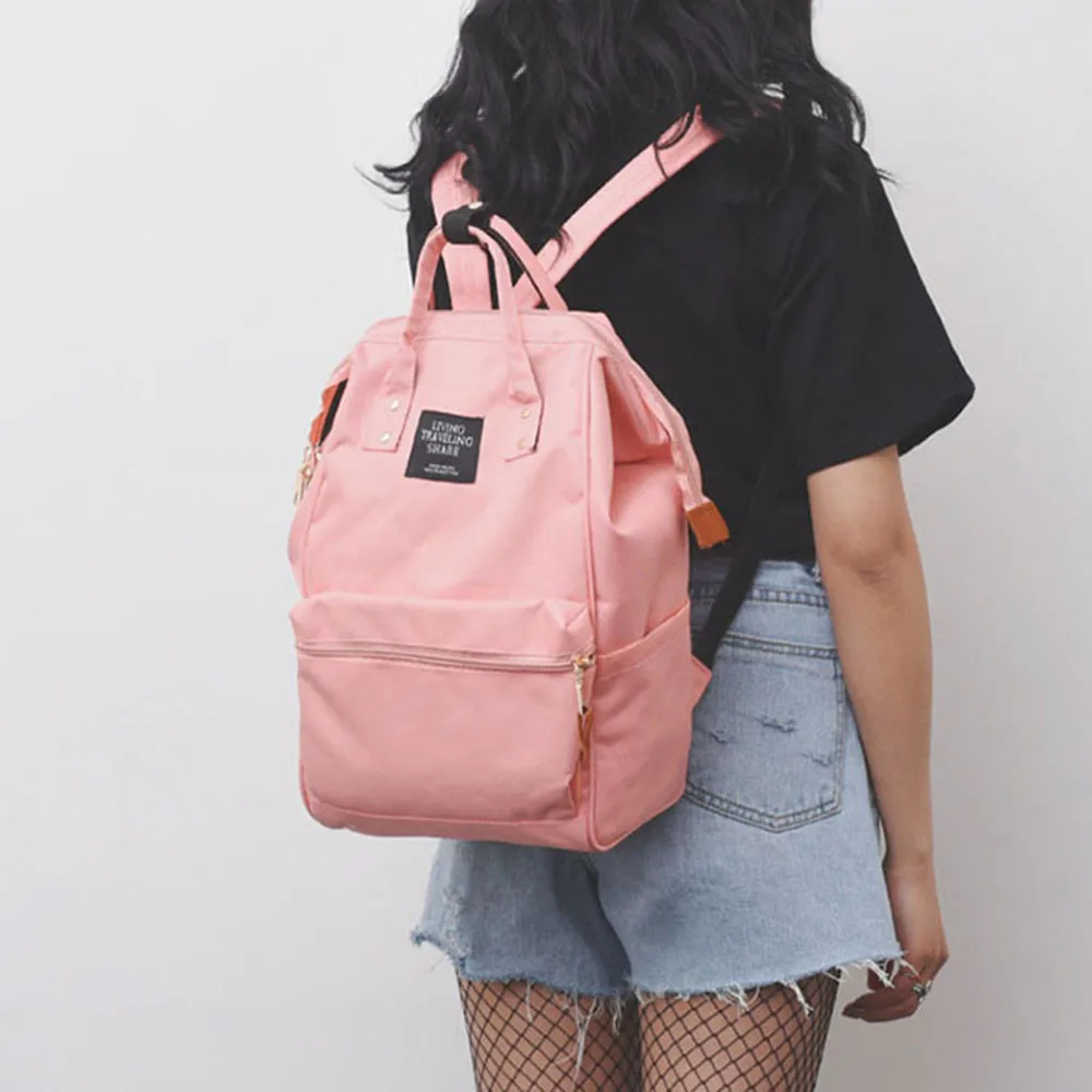 Однотонный рюкзак, школьная дорожная сумка, двойная сумка на плечо, сумка на молнии, женский холщовый рюкзак, кольцо на цепочке, рюкзак для девочек-подростков# Zer - Цвет: Розовый