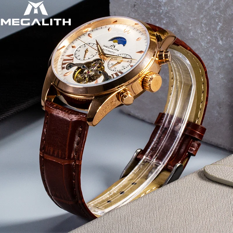 

MEGALITH Men's Mechanical Automatic Watches Tourbillon Leather Brown Business Retro Watches Men Sport Wristwatch Relojes Hombre