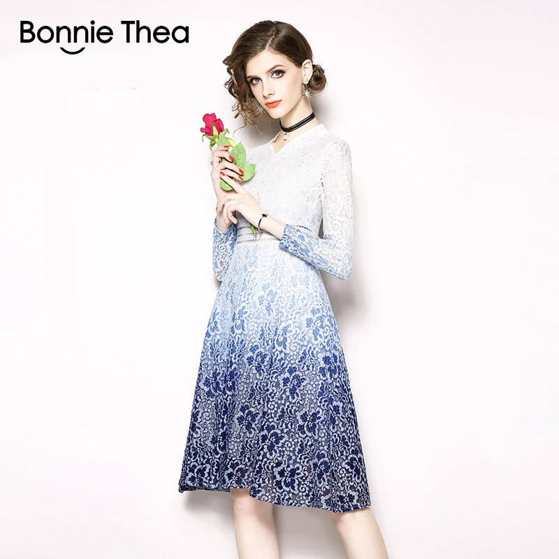 Bonnie Thea винтажное осеннее женское голубое кружевное платье vestido однотонное