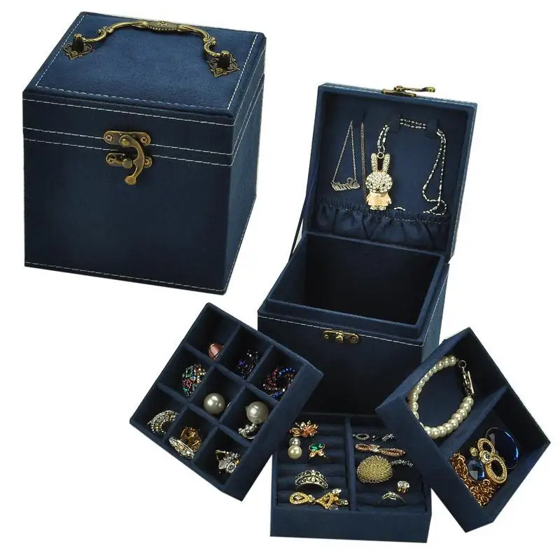 Бархатная шкатулка в стиле принцессы, Высококачественная шкатулка для ювелирных изделий, трехуровневая коробка для хранения колец, маленькая Подарочная коробка для женщин - Цвет: Тёмно-синий