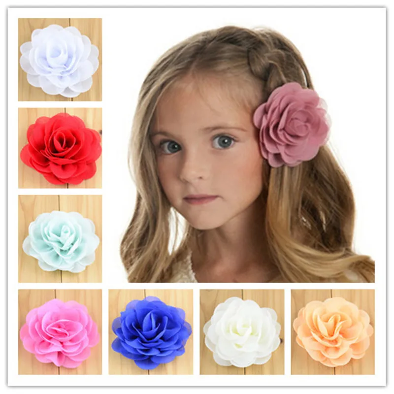 Wholesale 200pcs/lot 28 Color 3'' Chiffon Fabric Rosette Flowers With Clips Barrette Ornament