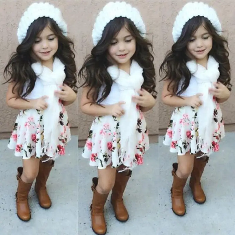 

2016 Kids Casual Clothing Set Children Cotton Summer Clothing Set Girls Vest+Floral Skirt 2-Piece Set Hot Selling