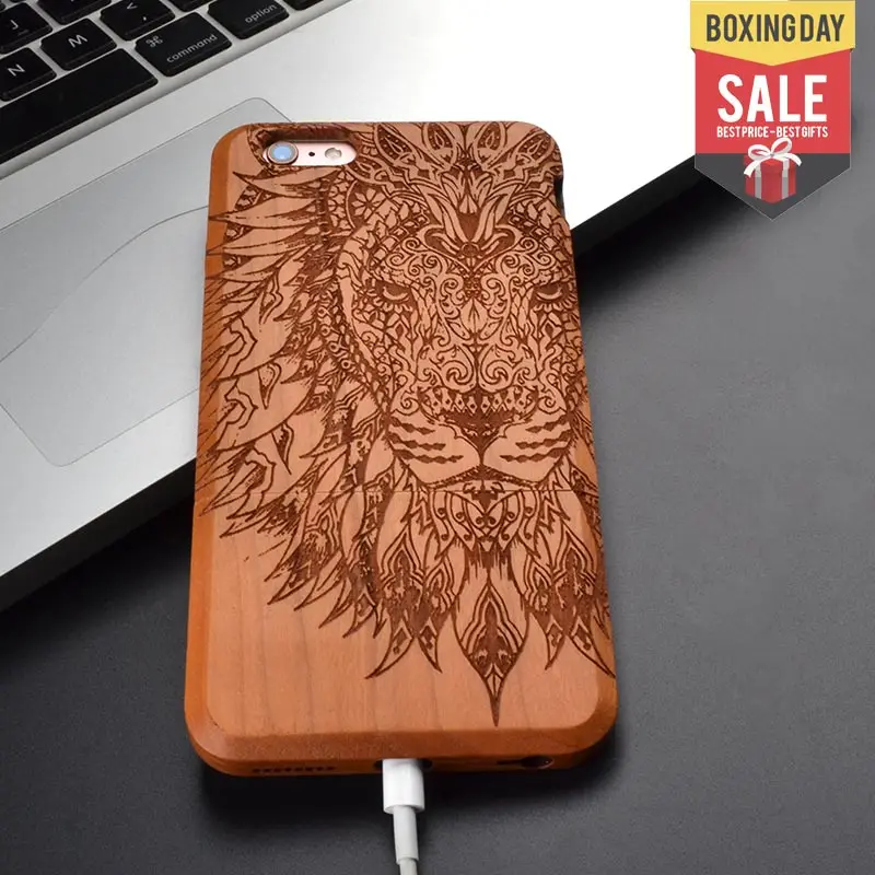 Lion and Elephant New Natural Wooden Skin Phone Case For iPhone 8 X 7 6 6S plus