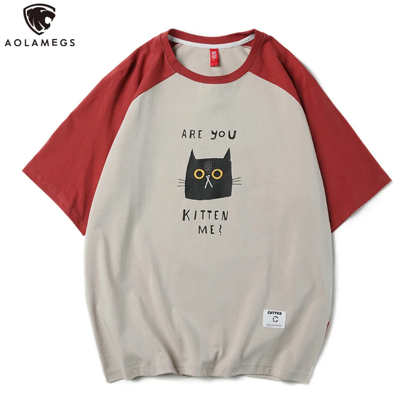 

Aolamegs Men T Shirt Cute Patchwork Cat Printed Men's Tee O-neck T Shirt Short Sleeve College Style Summer Tees Streetwear