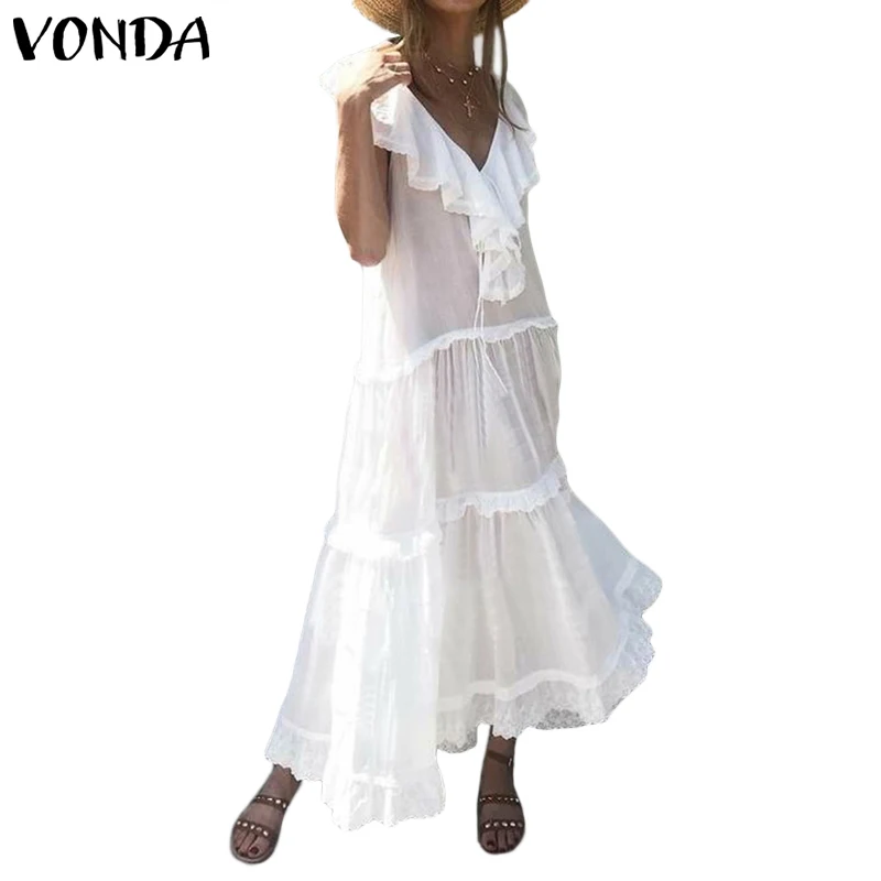 

Women Autumn 2019 Ruffle Vintage Overalls Summer Dress Plus Loose VONDA Beach Vestidos Evening Party Robe Maxi Sexy Sundress 5XL