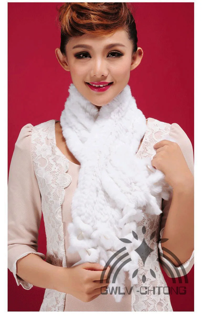 Реальный, натуральный, подлинный трикотажные с мехом кролика шарф Женская мода теплые зимние шарфы с Павлин кисточкой - Цвет: Белый