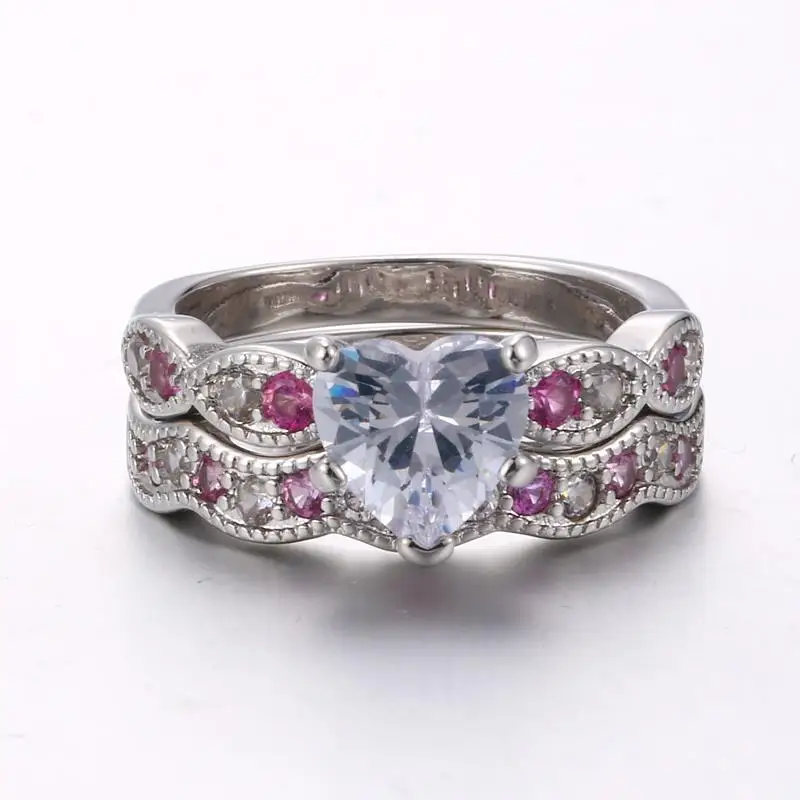 Double Fair Sweet and Romantic Engagement Ring Set For Women Inlaid Heart-shaped Zircon Crystal Jewelry Making DFYG017