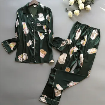 

2020 New Lady Turn-Gown Collar Shirt+Pants 2PCS Sleepwear Lounge Nightwear Set Satin Long Sleeve Pajama Pijama Suit Size L XL