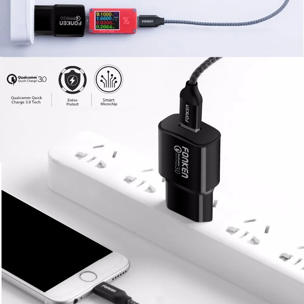 FONKEN USB зарядное устройство Quick Charge 3,0 быстрое зарядное устройство QC3.0 QC2.0 18 Вт настенное быстрое зарядное устройство с кабелем быстрой зарядки для мобильного телефона