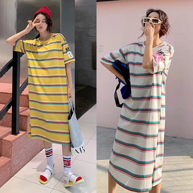 

2019 spring and summer new striped t-shirt female short-sleeved loose long paragraph over-the-knee loose casual dress
