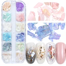 1 коробка, разноцветные натуральные Стразы для ногтей, 3D Градиент, сломанные кусочки раковины, украшения для ногтей, блестящие хлопья для ногтей, SAB03