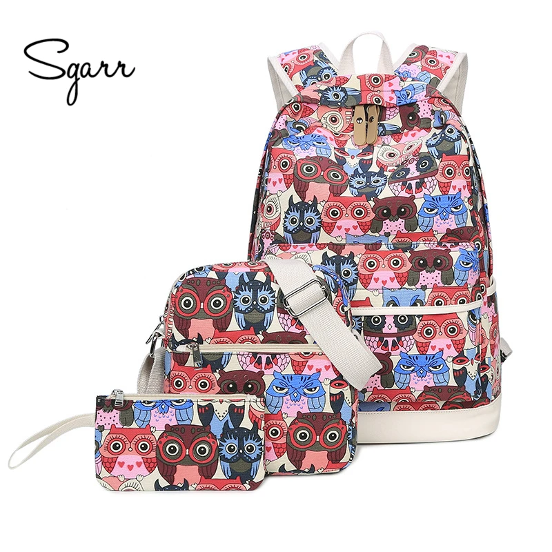 SGARR New Fashion Women Canvas Backpack Luxury Owl Printing 3 Pieces School Travel Bag Mochila Casual