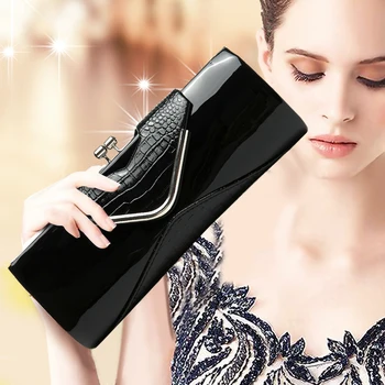 

Luxury Women Bag 2020 Silver White Bride Wedding Shoulder Bag Alligator Black Patent Leather Party Evening Chain Clutch Croco