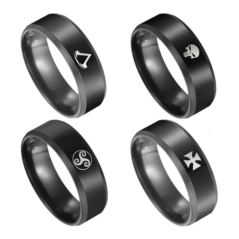

titanium stainless steel rings for men skull moon male finger wolf assassins creed star cross vintage ring black punk jewelry