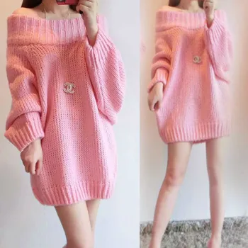 

plus size sweater women spring autumn winter 2016 bermuda feminina loose off-the-shoulder long knitt pink sweater female A1429