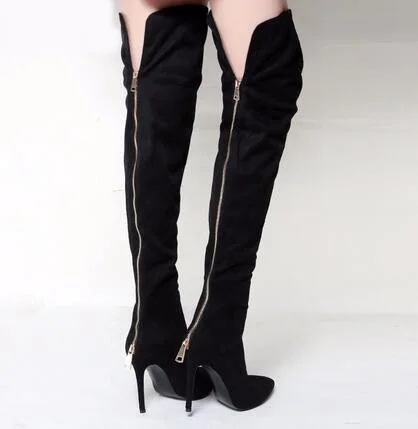 

European Branded Pointed Toe Fashion Back Zipper Women Thin High Heels Long Motorcycle Booties Over The Knee New Arrival