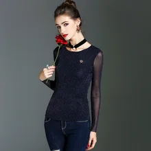 Новое поступление Осень Весна Женская мода o-образным вырезом сексуальный сетчатый рукав яркая пряжа под рубашкой женская футболка с блестками топы для домашних животных