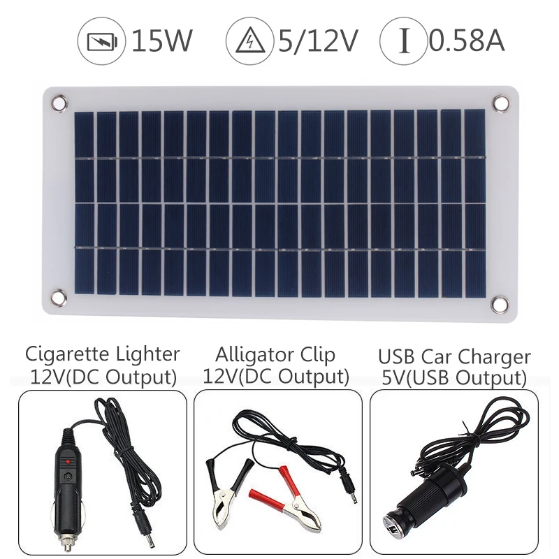 

20W 12v/5v Solar Panel USB Power Bank Board External Battery Charging Solar Cell+Crocodile Clip+Cigarette Lighter+Car Charger