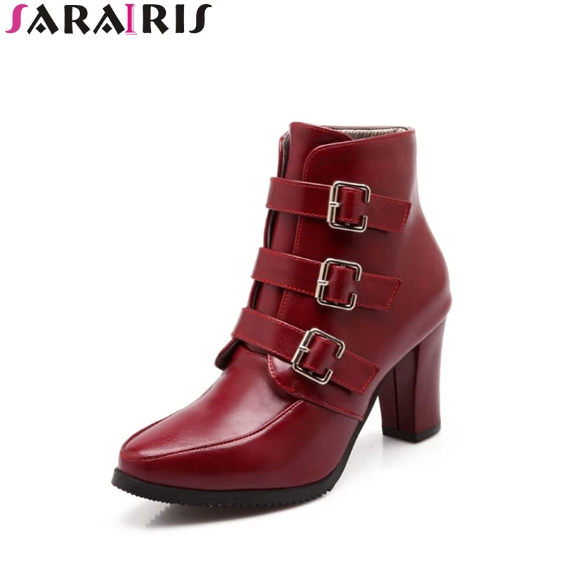 

SARAIRIS Size 34-39 Women Buckle Boots Square High Heels Pointed Toe Leisure Cool Ankle Boots Spring Autumn Punk Shoes Woman