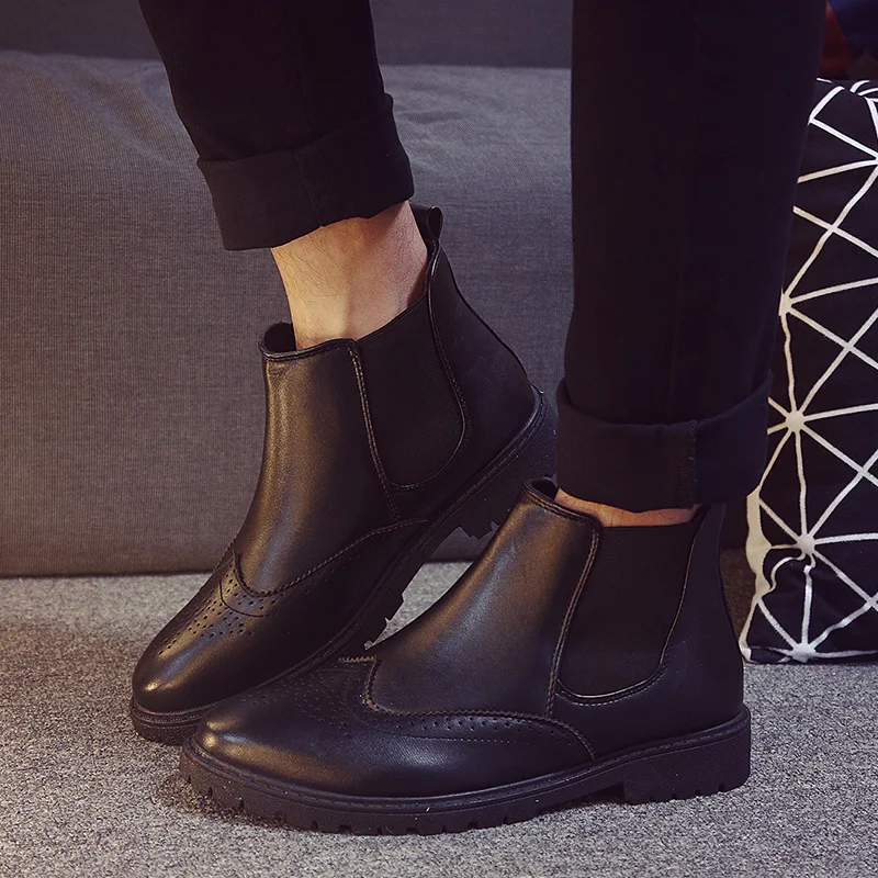 

Black Brogue Chelsea Boots Mens Shoes Ankle Boots Men Footwear Artificial Leather Chelsea Boots for Men Autumn Shoes XX-399