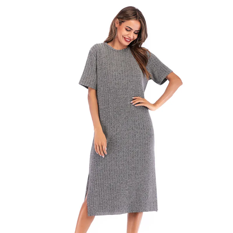 

2019 Summer Women's Clothing Female Solid Color Simple Short Sleeve Round Collar Split Dress Ladies Brief Knitted Long Dresses