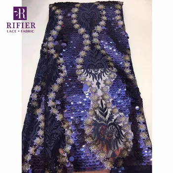 

Classic Royal Blue Sequined African French Guipure Mesh Lace Fabric For Wedding Dresses Laces Unique Style Sequins Lace Fabrics