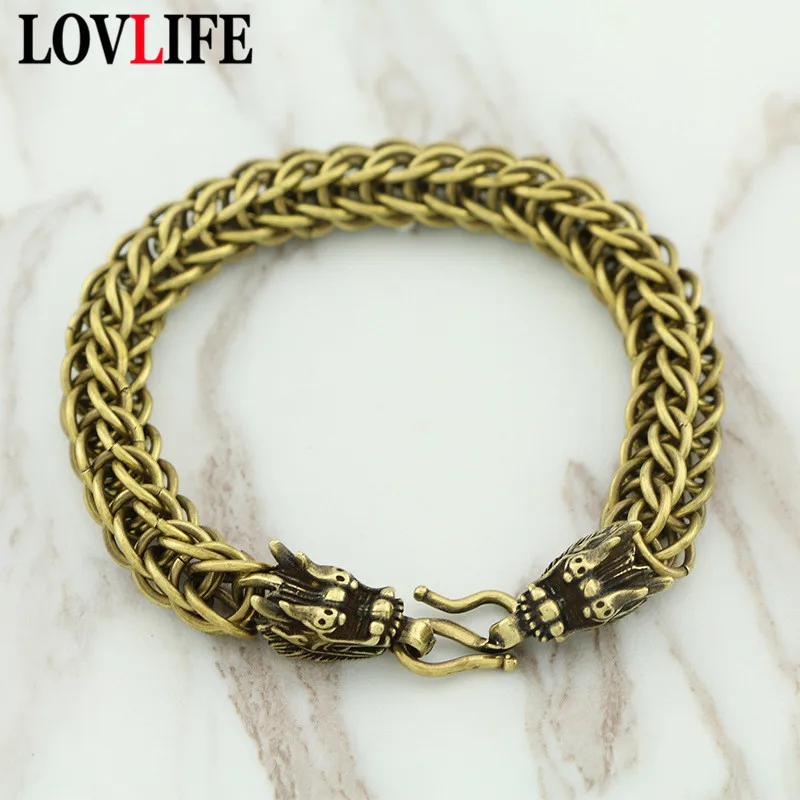 Чистый медный браслет с головой дракона для мужчин, винтажный браслет из латуни, панк, змеиная каркасная цепь, браслеты, модные браслеты в стиле хип-хоп для женщин, ювелирные изделия