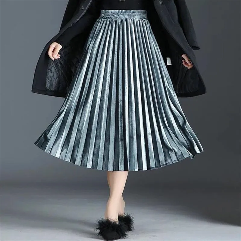 Женская велюровая плиссированная юбка, осень, высокая талия, Золотая Бархатная юбка, эластичная модная Милая юбка, элегантная Зимняя юбка vestidos