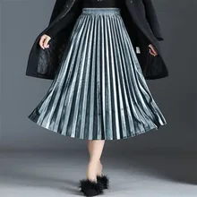 Женская велюровая плиссированная юбка, осень, высокая талия, Золотая Бархатная юбка, эластичная модная Милая юбка, элегантная Зимняя юбка vestidos