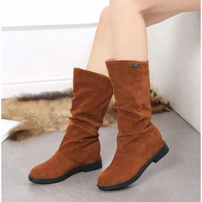 Women shoes New Mid Calf Height Increasing Black Boots Women Motorcycle ...