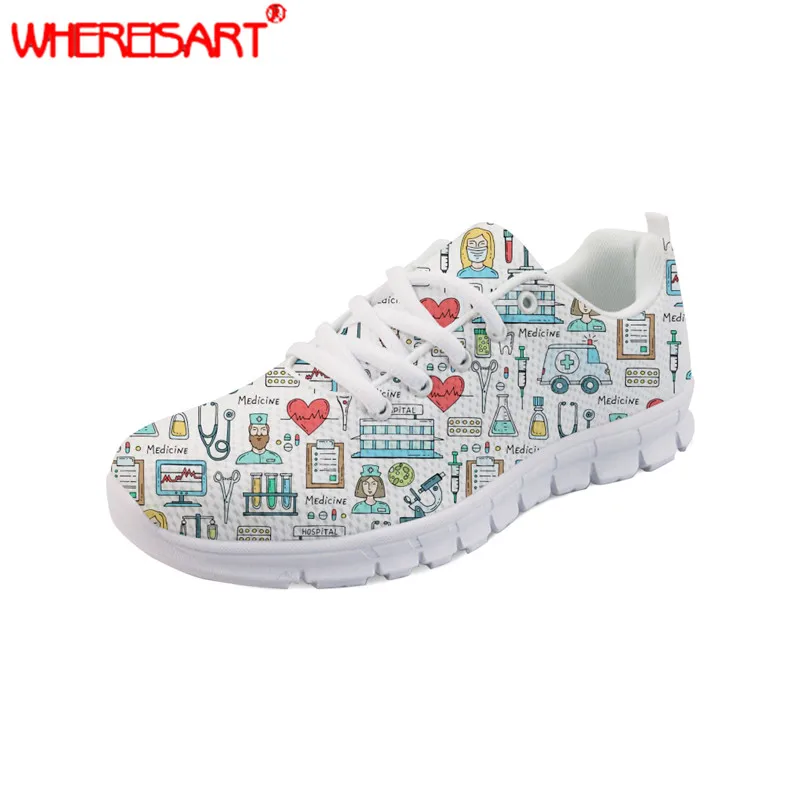 

WHEREISART Women Shoes Spring Flats Ladies Medical Elements Printing Sneakers for Teenager Flat Shoes Females Nursing Shoes