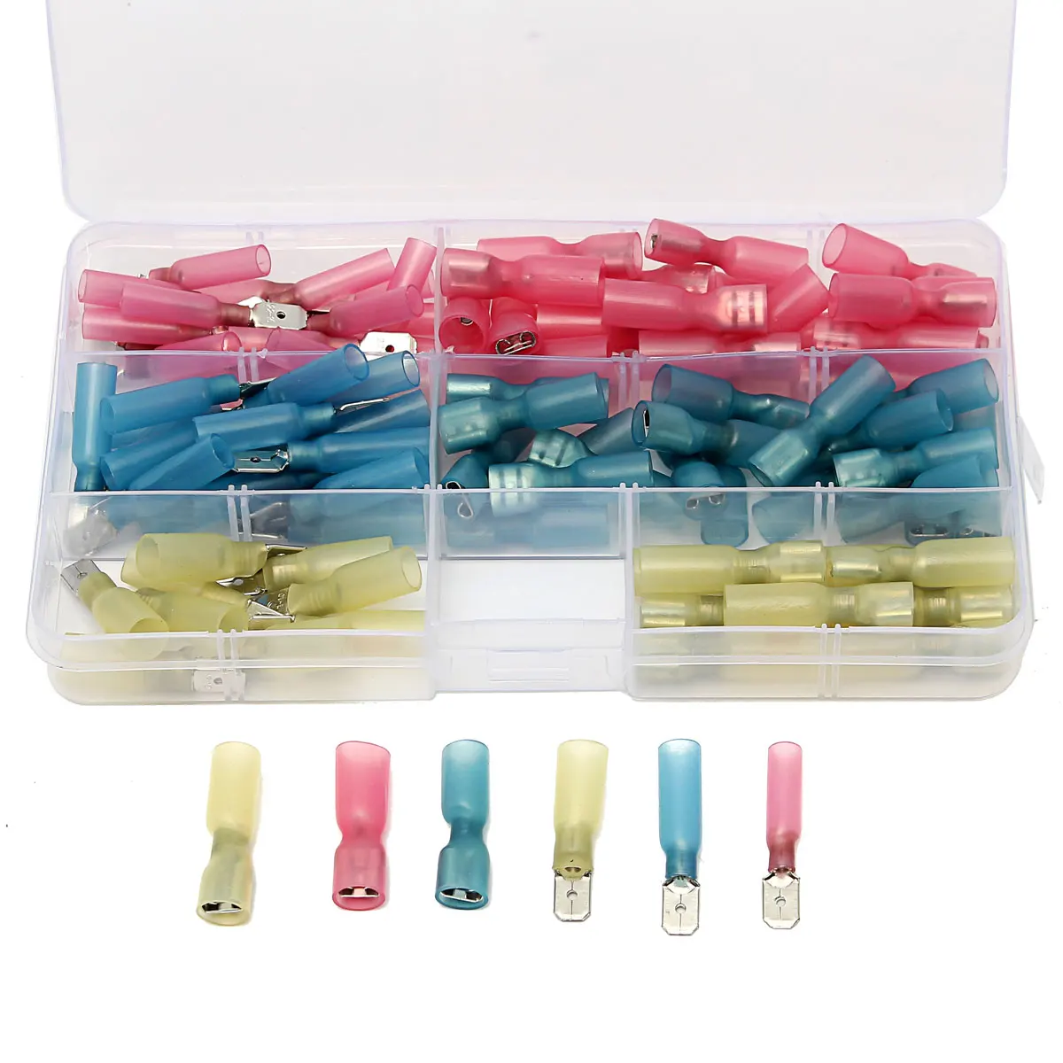 

100Pcs Female/Male Insulated Heat Shrink Automotive Wire Connector Spade Terminal Waterproof With Box Red Yellow Blue