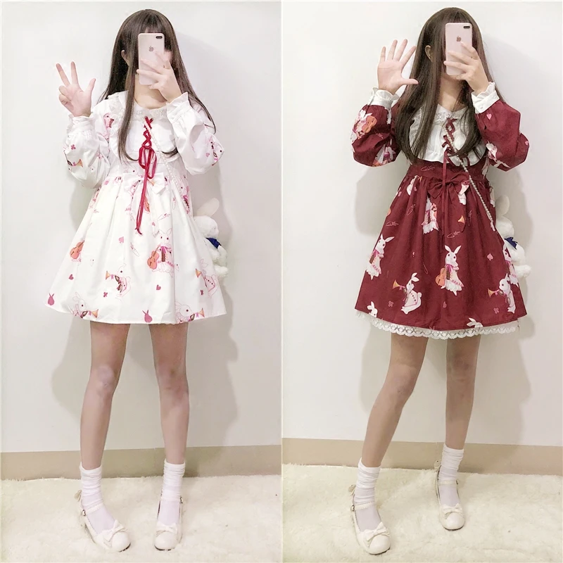 Платье в стиле Лолиты милый кролик японский Kawaii обувь для девочек принцесса горничной Винтаж Готический печатных узоры кружево белы - изображение