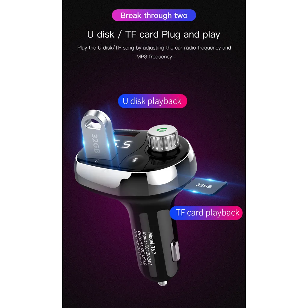 T62 2-USB Автомобильное устройство для быстрой зарядки QC3.0 беспроводной Bluetooth Автомобильный MP3-плеер Музыкальный Аудио приемник громкой связи для безопасного вождения