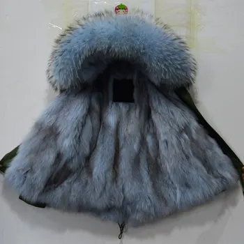 

Winter thick warm real fur jacket Light blue real raccoon fur collar fox fur lining short style parka