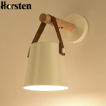 

Horsten Nordic Wooden Wall Lamp Iron Wall Sconce Metal Leather Belt Wood Lighting White Black for Bedside Cafe Bar Living Room