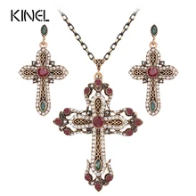 Кинель крест ожерелье и серьги Ювелирные наборы для женщин золотого цвета в античном стиле инкрустированные кристаллами Винтажные Ювелирные наборы религиозный подарок
