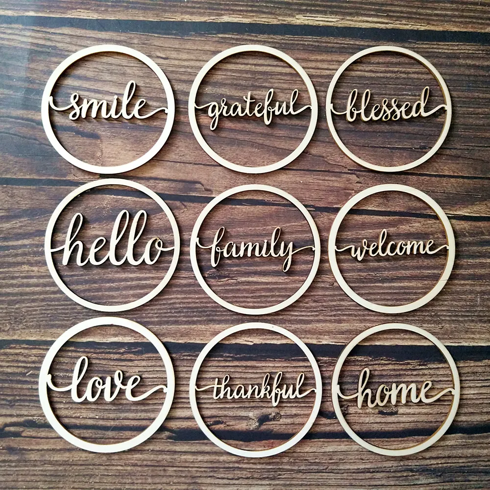 

10pcs Laser Cut Unfinished Round Circle Wood Hello Family Love Script Word Sign Wooden Greeting Sign Word Wedding Wall Decor