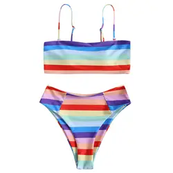 ZAFUL 2018 Для женщин комплект бикини высокая Wasited красочные ванный комплект бретельках радуга сексуальный пляжный купальник