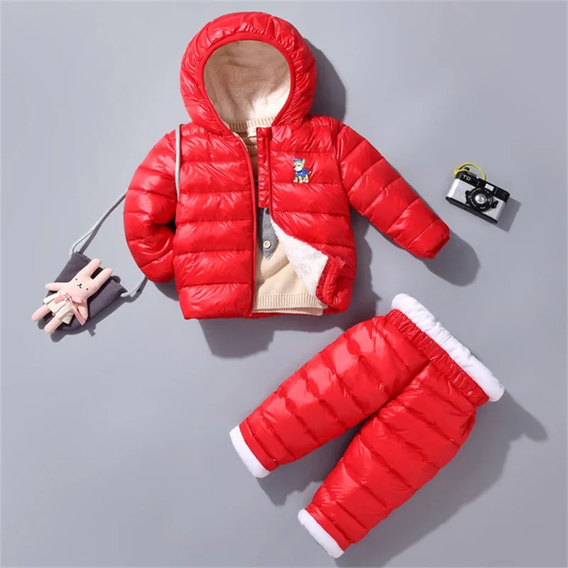 Зимние теплые пуховые парки для мальчиков; комплекты одежды для детей из плотного бархата; спортивные костюмы из 2 предметов для маленьких мальчиков; одежда для детей; спортивные костюмы - Цвет: red
