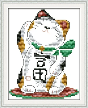 

Joy sunday cartoon style Rich cat small cross stitch sampler kits stamped pattern for beginners christmas gift
