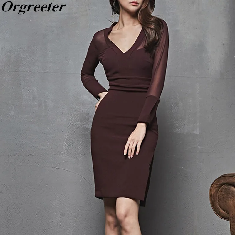 

Women V-Neck Mesh Long Sleeve Pencil Dress 2019 Spring Business Dresses Sexy Solid Sheath Bodycon Dress Vestidos