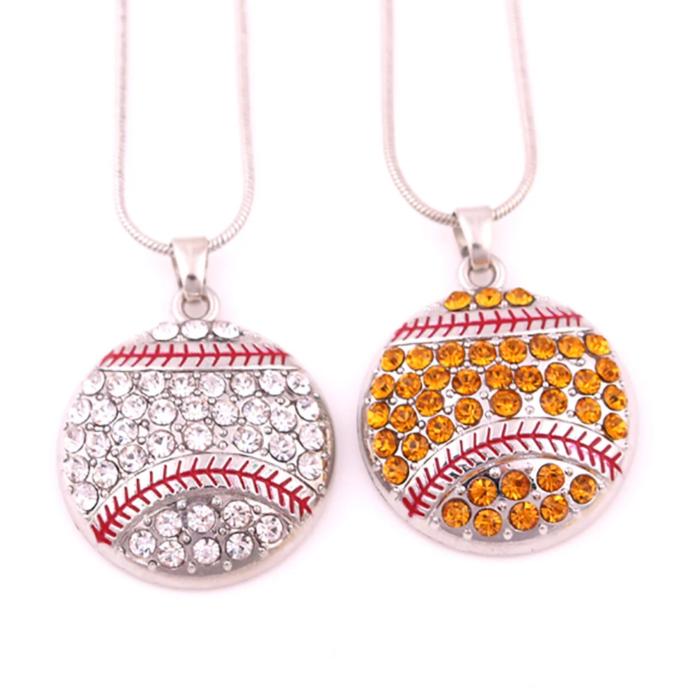 zinc alloy rhodium plated Round Softball Pave Crystal sports Pendant chain necklacein Pendant